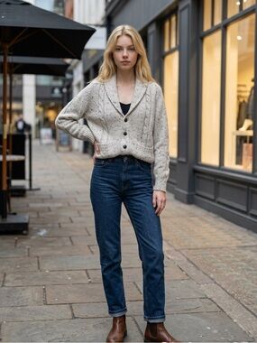 Vintage 70s Cable Knit Shawl Collar Speckled Oatmeal Sweater Grandpa Cardigan  L